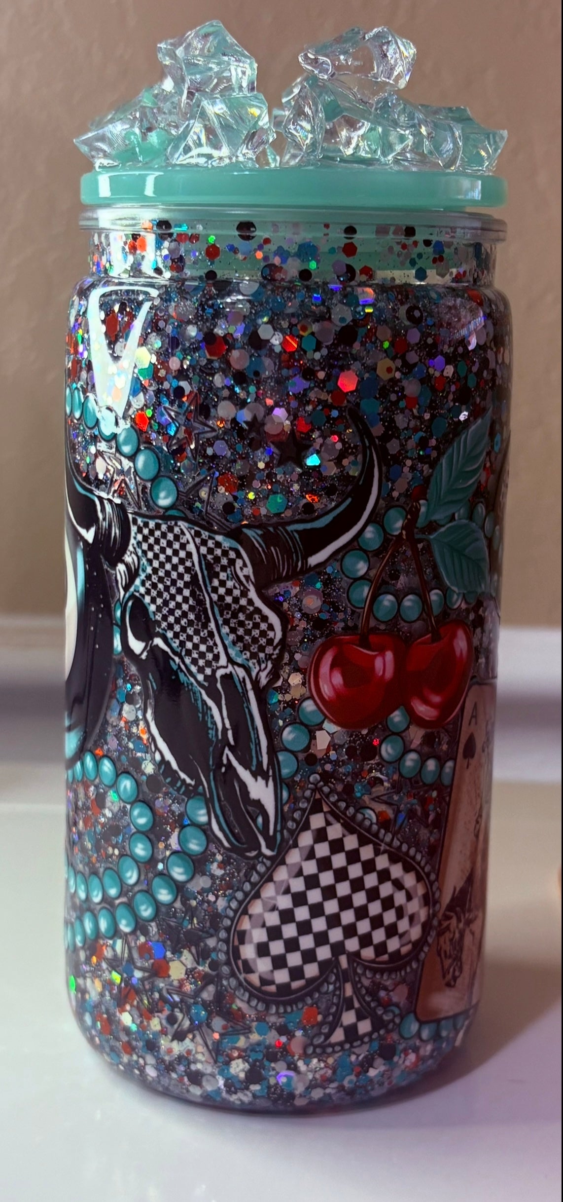 16 oz western snowglobe tumbler with decorative lid